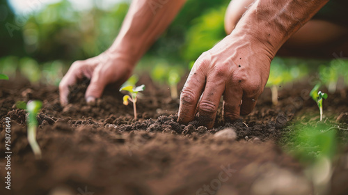Close up of hands planting vegetable seedlings.