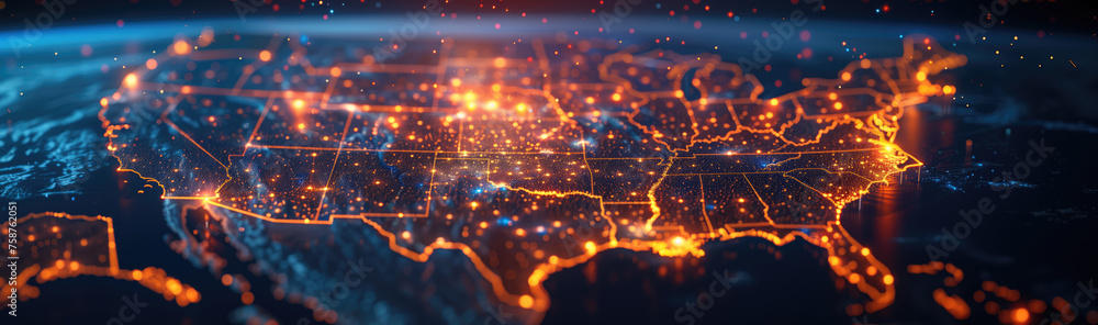 An illuminated digital map of the United States showcasing a vibrant network of connections and data flow. - obrazy, fototapety, plakaty 