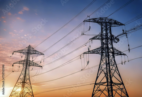 sunrise powerlines electric 3d power tower line supply generation electricity steel cable energy pylon industry row tall high blue structure tree generator engineering signs orange photo