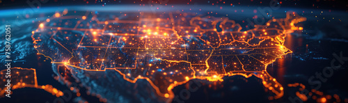An illuminated digital map of the United States showcasing a vibrant network of connections and data flow.