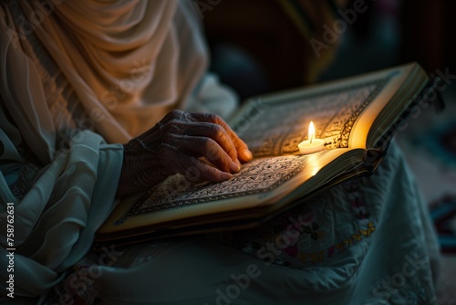 A person sitting comfortably, holding a lit candle and illuminated Qur'an, reading and reflection during Ramadan