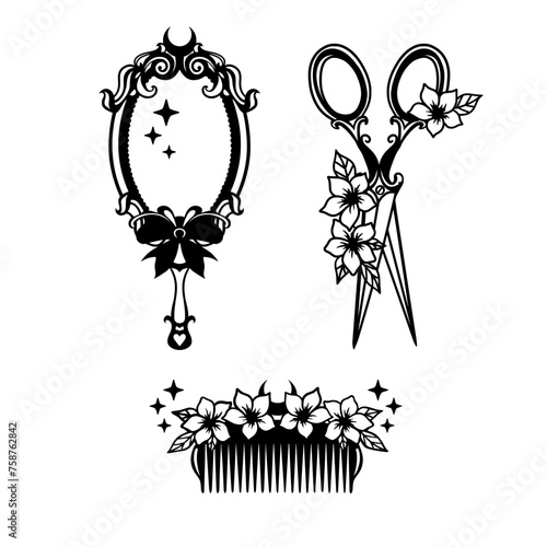 Floral Scissors Mirror and Comb Hairdresser Beauty SVG Set Vector Illustration