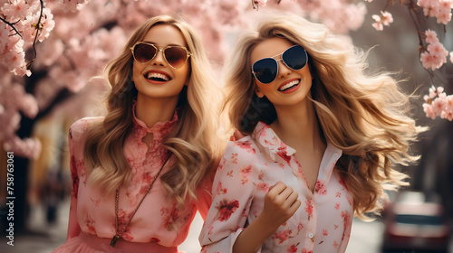 Portrait of cheerful young women in sunglasses on cherry blossom background. Attractive blondes in a park of blossoming sakura trees. Concept of recreation and friendship photo