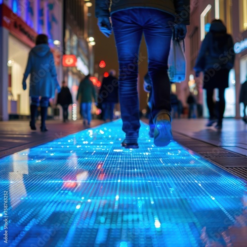 Piezoelectric sidewalks generating energy in a busy pedestrian area photo