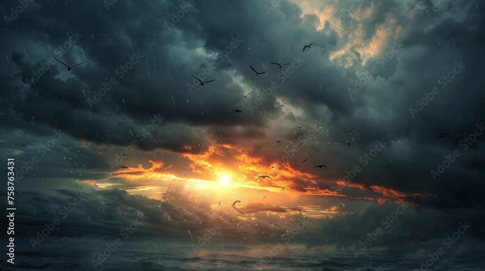 Stormy sky, sunlight and birds flying away