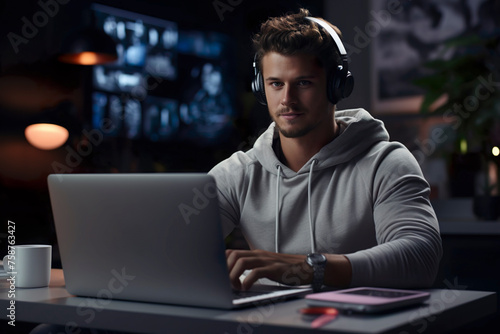 young caucasian Man sitting at kitchen table with digital laptop and keeping hand near black headphones. serious caucasian blogger making business content at home. man wearing earphones using computer