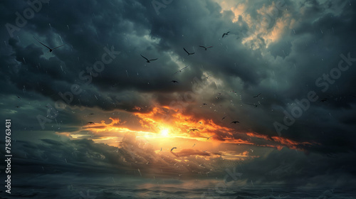 Stormy sky, sunlight and birds flying away