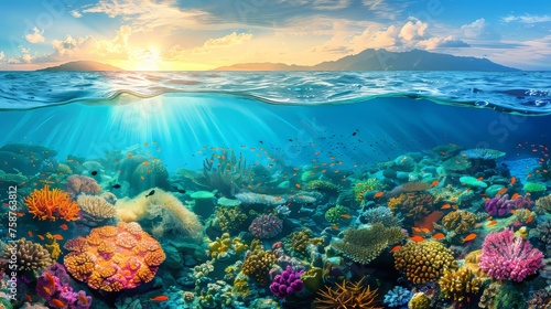 Golden hour sunset over great barrier reef coral ecosystem in queensland seascape