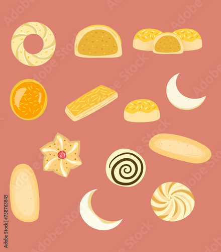 various types of pastries or cookies for Islamic holidays such as ramadan, eid al fitr