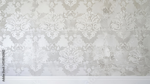 White damask wallpaper with floral patterns