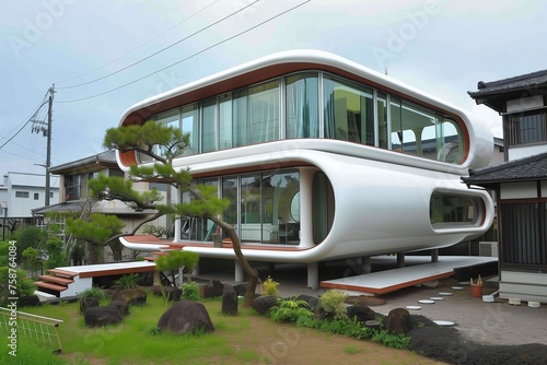 A retro-futuristic dwelling in Japan, blending traditional elements with sleek futuristic lines.