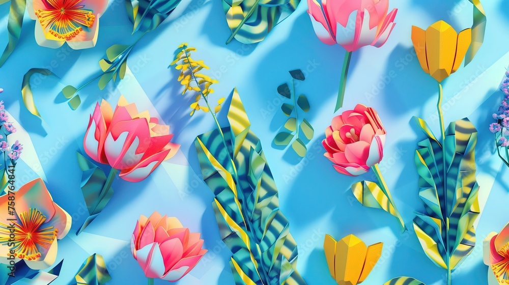 Tapeta. Na jasnoniebieskiej powierzchni rozłożony jest tekturowy kolorowy bukiet kwiatów. Kwiaty są ułożone w sposób regularny, tworząc harmonijną kompozycję. - obrazy, fototapety, plakaty 