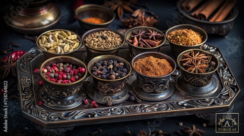 Vibrant spice palette with an array of various spices in artistic bowls creating a stunning display