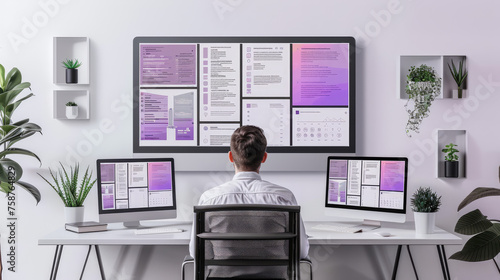 A professional working at a well-organized desk with multiple computer screens displaying graphs and data, in a modern office environment.