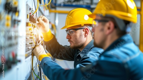electrician and engineer work on an electrical circuit with many cables for communication and data transfer