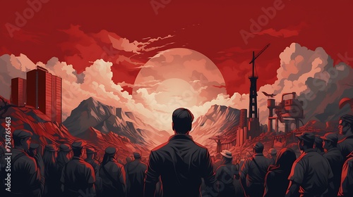 young man and crowd of people  looking at a beautiful night sky moon digital art style illustration painting