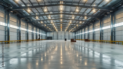 Empty Industrial Warehouse Interior, Spacious Storage Area with Metallic Structure, Modern Factory Design