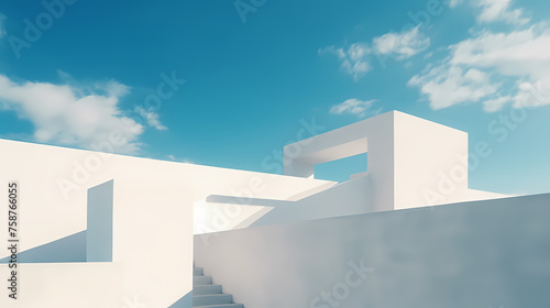 Modern building exterior with concrete wall and blue sky background