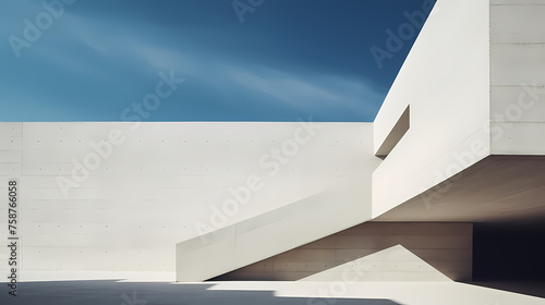 Modern building exterior with concrete wall and blue sky background