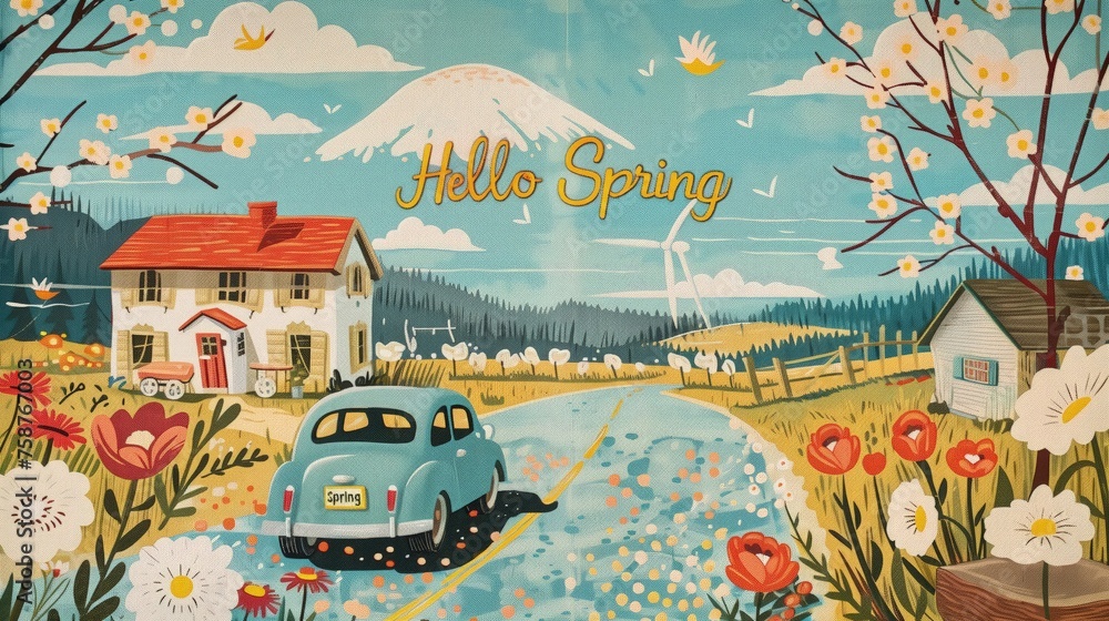 Hello Spring. Obraz ukazujący samochód zaparkowany przed tradycyjnym domem wiosennym. Scena przedstawiająca harmonię między architekturą budynku a czystą energią - obrazy, fototapety, plakaty 