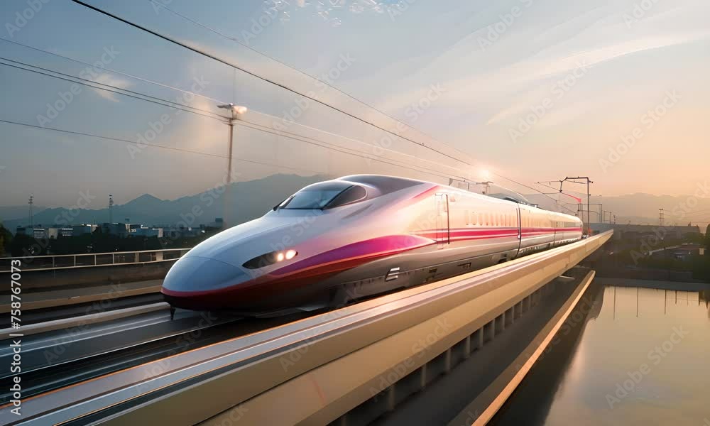 High-speed train on a bridge. The concept of innovation and modern technology. High-speed train on a bridge. The concept of innovation and modern technology.