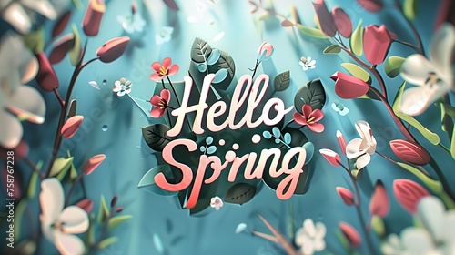 Na zdjęciu widoczne są słowa Hello Spring w centrum uwagi otoczone kwiatami, i zamazanym tłem, tworzą uroczą i nowoczesną kompozycję na tle pastelowego tła.