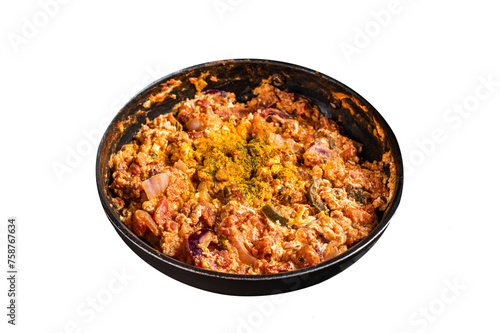 Turkish Menemen omelet in a frying pan.  Isolated, Transparent background.