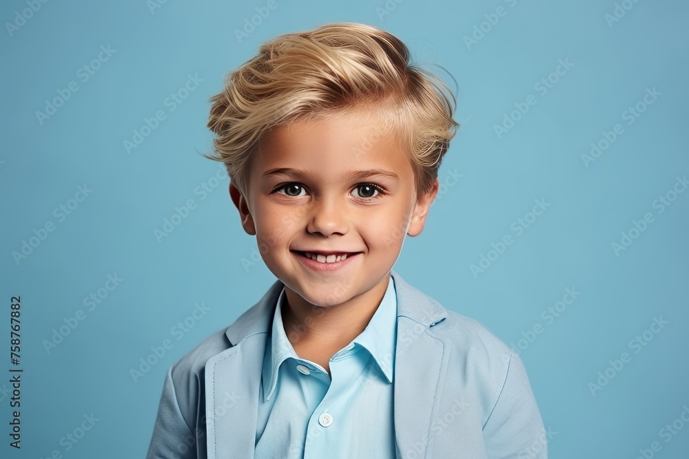 Portrait of a cute little boy with blond hair on blue background Portrait of a cute little boy with blond hair on blue background