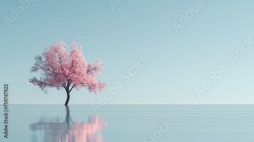 Różowe drzewo o cudownych kwiatach w pełnym rozkwicie, znajduje się na środku wody w jasnym, słonecznym otoczeniu. Minimalistyczne proste linie