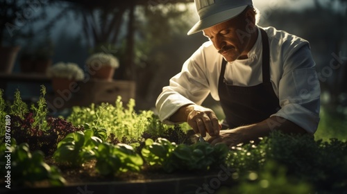 Generative AI A chef sourcing freshly harvested microgreens from a nearby farm for culinary creations. © vadosloginov