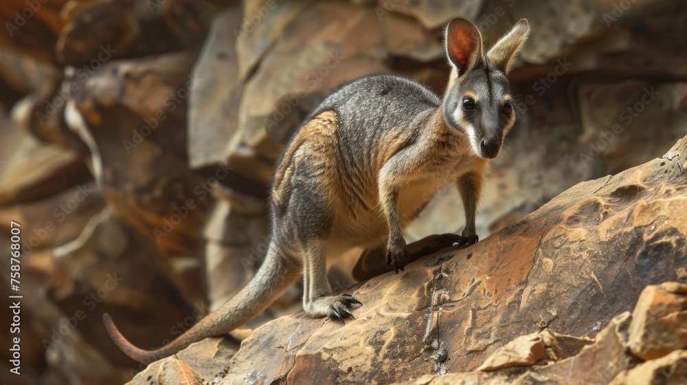 Naklejka premium A kangaroo is seen standing confidently on a large rock, showcasing its strength and agility. The rock serves as a sturdy platform for the kangaroo to observe its surroundings.