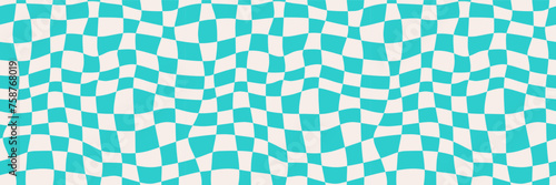 Psychedelic checkerboard, retro groovy background, funky wavy pattern, y2k green pastel print. Abstract vintage checkered wallpaper. Geometric vector illustration