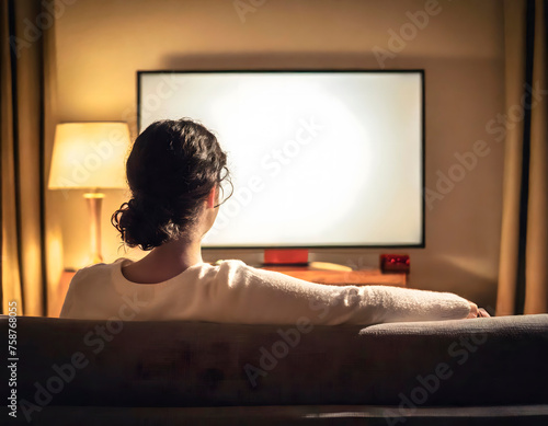 A woman is sitting on a couch in front of a blank television. Scene is calm and relaxed