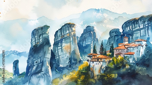 A painting of a mountain village with a church and houses. The mountains are covered in trees and the sky is blue photo