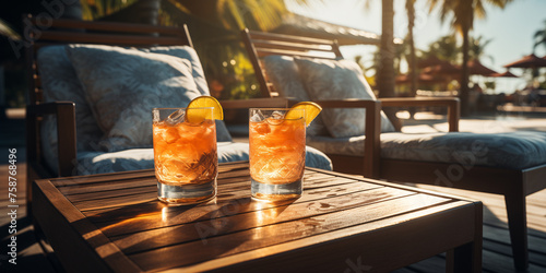 Two glasses of drinks on a table on the terrace at sunset