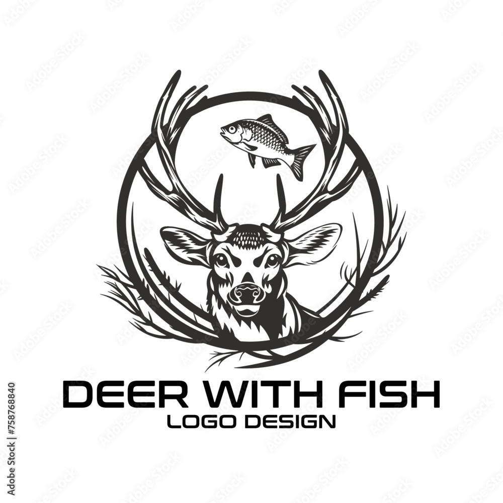 Deer With Fish Vector Logo Design