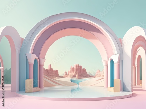 3D Visualization, Abstract Unrealistic pastel landscape backdrop featuring arches and a podium to display products, featuring a panoramic perspective