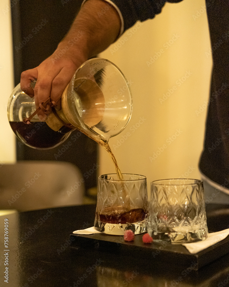 Closeup of Chemex Coffee pouring into a cup