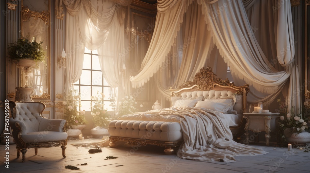 Generative AI Opulent master bedroom with a canopy bed and silk drapes.