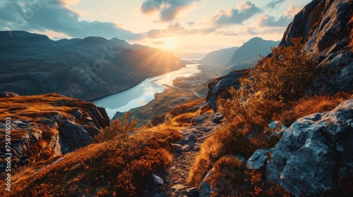 Generative AI Coastal panorama, drone's eye view, sun dipping, tranquil fjord waters, realistic sunset scene in Norwegian fjords © vadosloginov