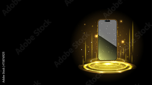 Smartphone with golden and yellow neon hologram portal. Abstract digital device interface technology. Magic circle teleport podium with mobile phone. Vector