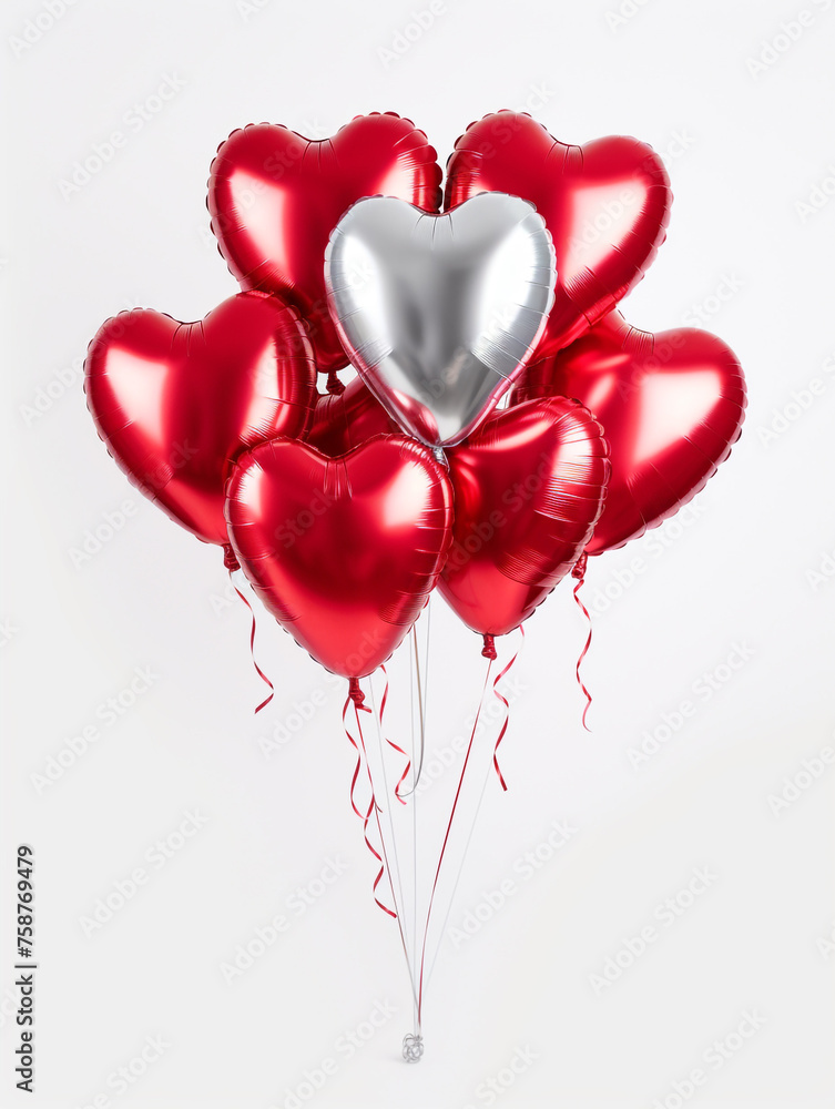 bunch of heart Shaped Foil Balloons, red and silver, matte material, isolated, white background сreated with Generative Ai bunch of heart Shaped Foil Balloons, red and silver, matte material, isolated, white background сreated with Generative Ai