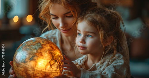 Mother and daughter looking at globe