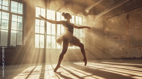 A ballerina gracefully dances in an empty room, wearing a white tutu. The dancer performs elegant ballet movements, showcasing skill and precision.