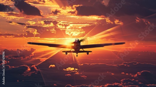 A small plane is flying through a cloudy sky, its silhouette visible against the overcast backdrop. The aircraft seems to be navigating through the clouds, with its engine propelling it forward.