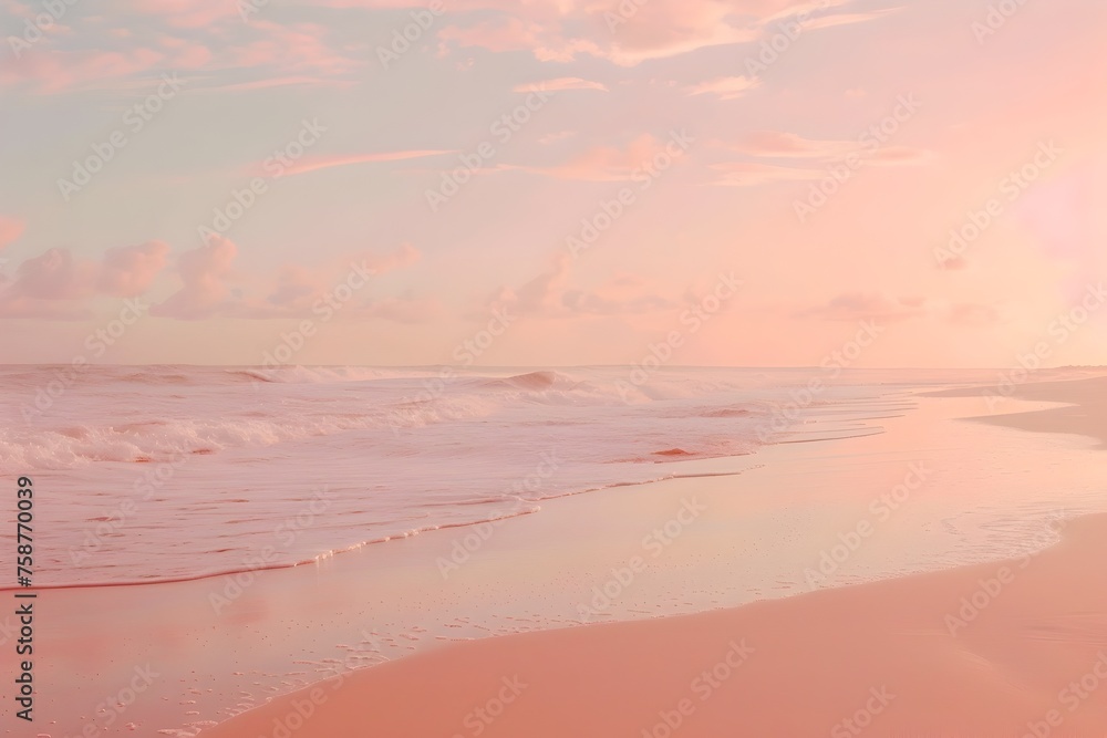 Pastel Sunset Beach: A Tranquil Pink and Peach Retro Scene with Gentle Waves and Calm Sky
