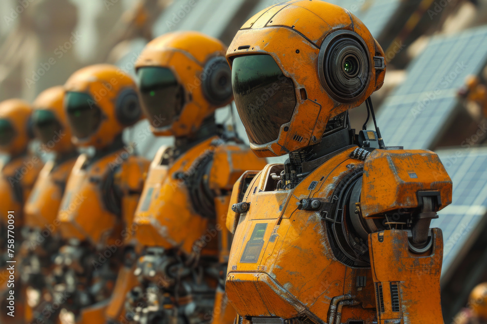 Row of orange robotic soldiers