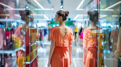 A woman wearing an orange dress is standing on the sidewalk, peering into a store window. She seems to be browsing the displayed items with curiosity.