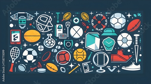 Sports Icons Modern Design with Vibrant Flat Pattern of Athletic Equipment on Blue Background photo