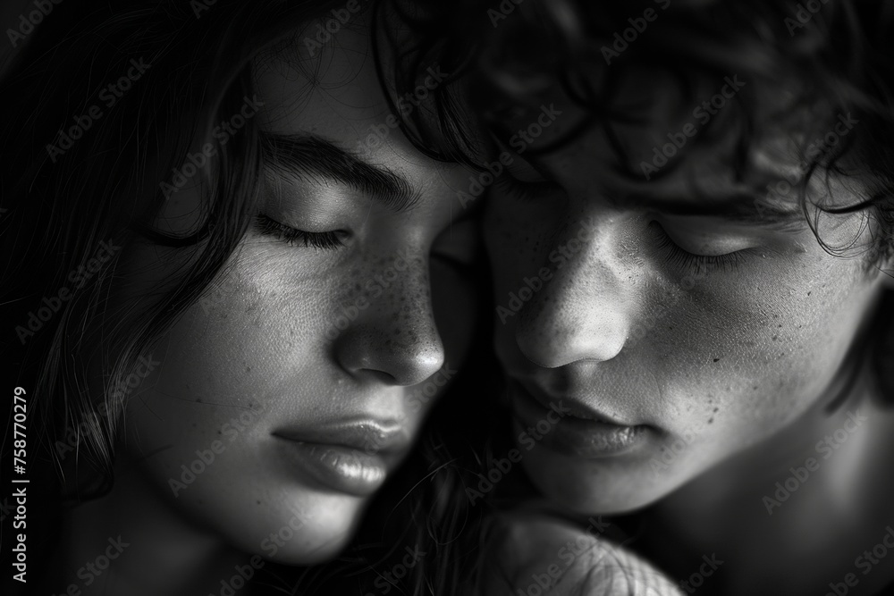 A close-up of a young couple in a tender, serene moment A close-up of a young couple in a tender, serene moment